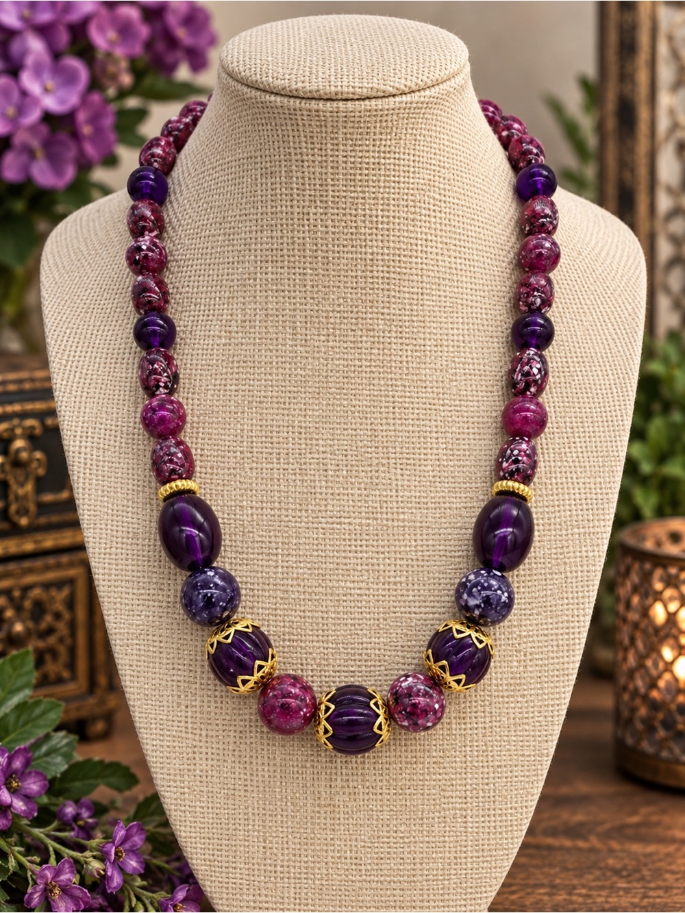 Avon Necklace Beaded Lucite Purples Winterberries with Twist Clasp Gold Tones